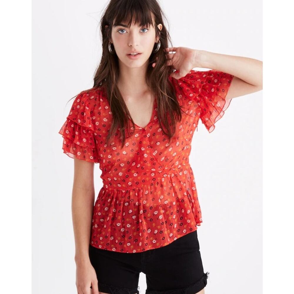 Madewell Floral Metallic Faux Wrap Peplum Blouse Ruffle Sleeve Size 4